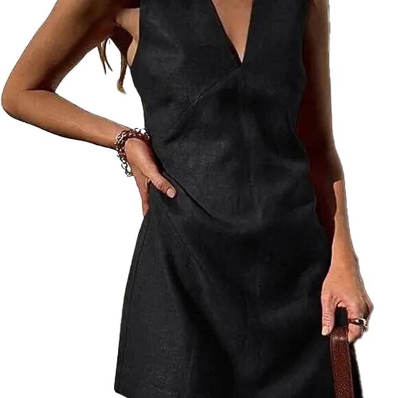 Women's Linen Cotton V Neck Mini Dress Sleeveless Casual Summer Style - Picture 1 of 5